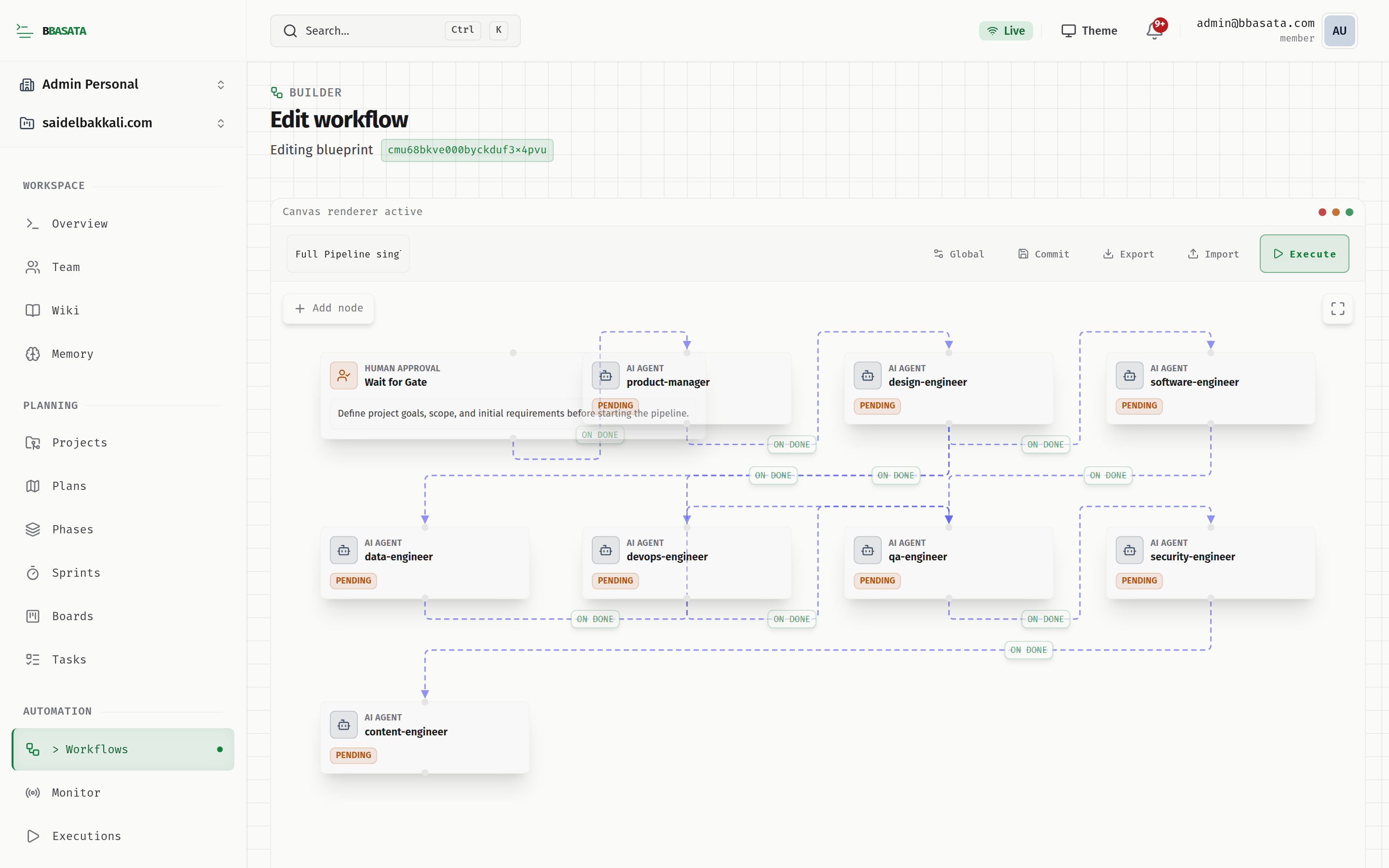 bbasata visual workflow editor with an interactive workflow graph on the canvas